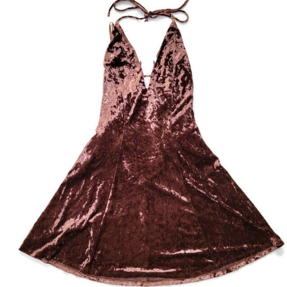 Charley's Boutique Dress Size S Brown Lined Velvet Spaghetti Strap Halter EUC